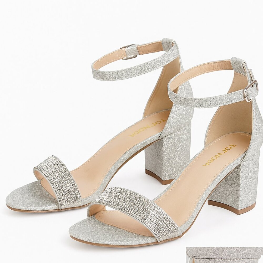 Top Moda Silver Glitter Block Heel Sandals – Size 7